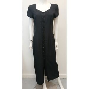 Jones New York Maxi Dress Asian Mandarin Women 12 Black Frog Button Up Front